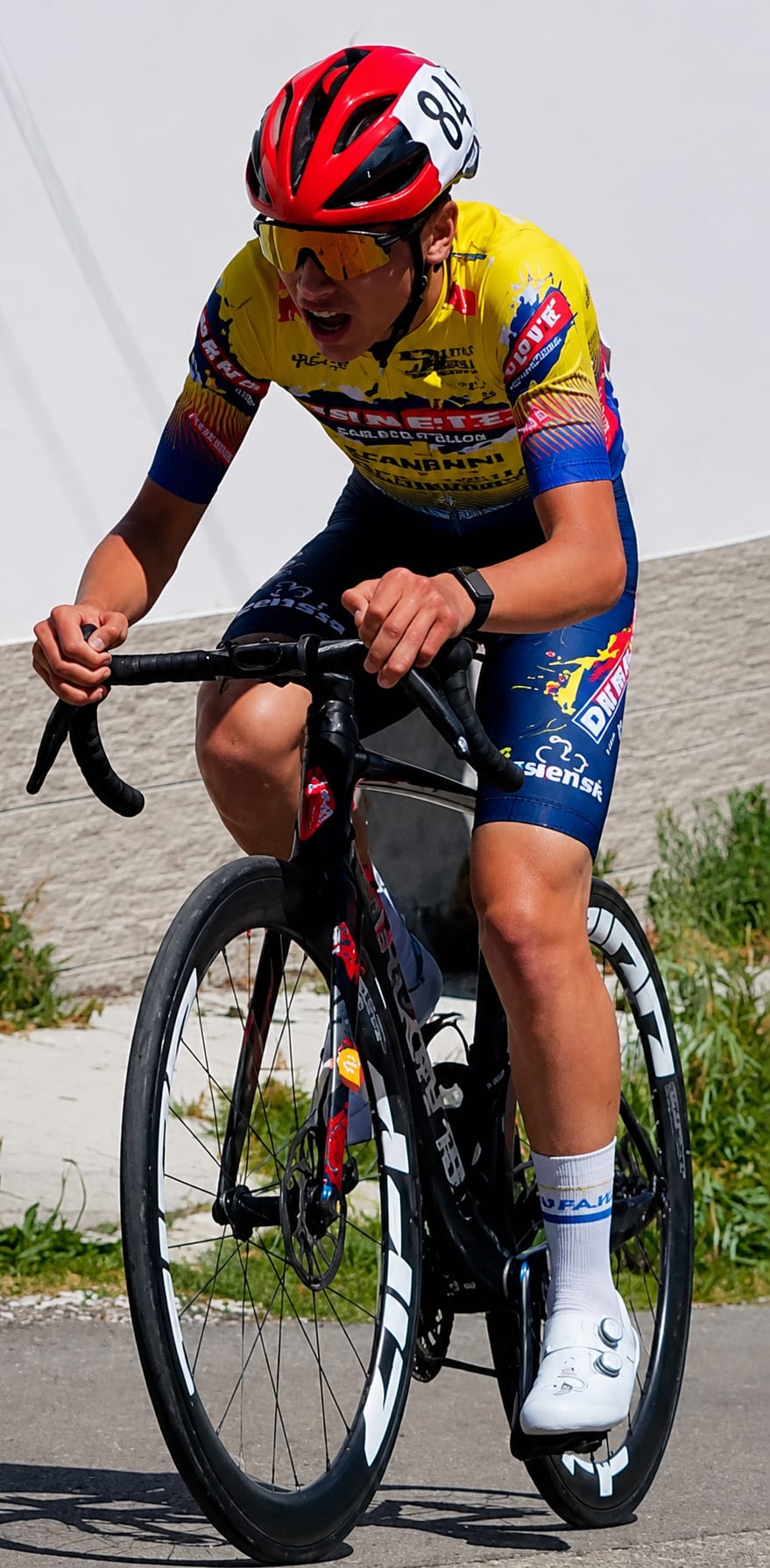 Cristian fuori sella in salita con il numero 84, maglia GS Parmense e casco rosso